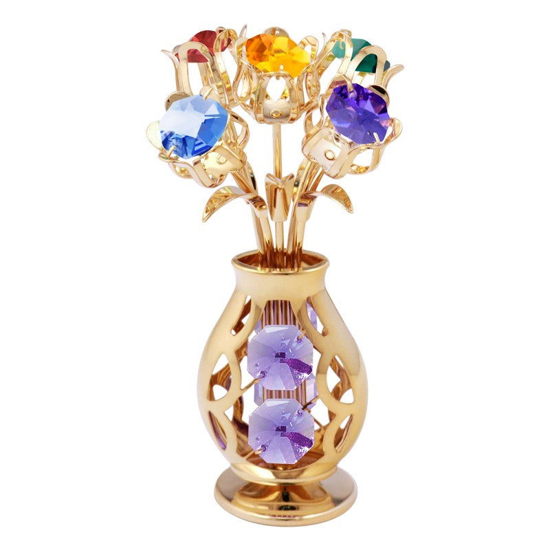 24K GOLD PLATED 5 FLOWERS IN VASE TABLETOP FREE STANDING/MIXED SWAROVSKI CRYSTAL