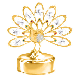 24K GOLD PLATED DELUXE PEACOCK MUSIC BOX W/ CLEAR SWAROVSKI ELEMENT CRYSTAL